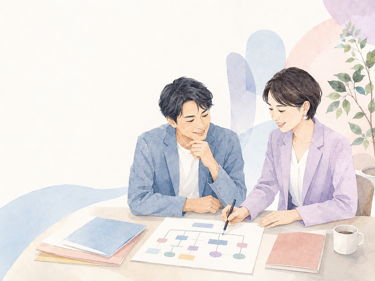経営者と人事労務の専門家が組織づくりを考えるイラスト
