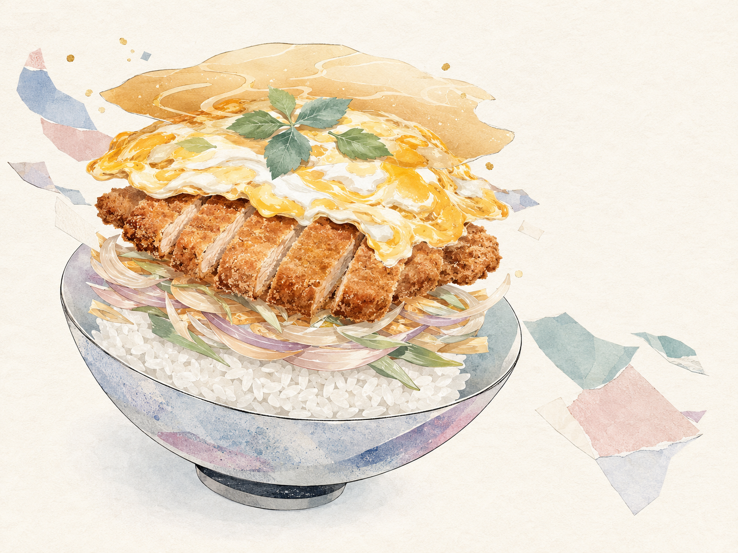一人ひとりの持ち味が調和して、ひとつの組織になる様子をカツ丼に重ねたイラスト